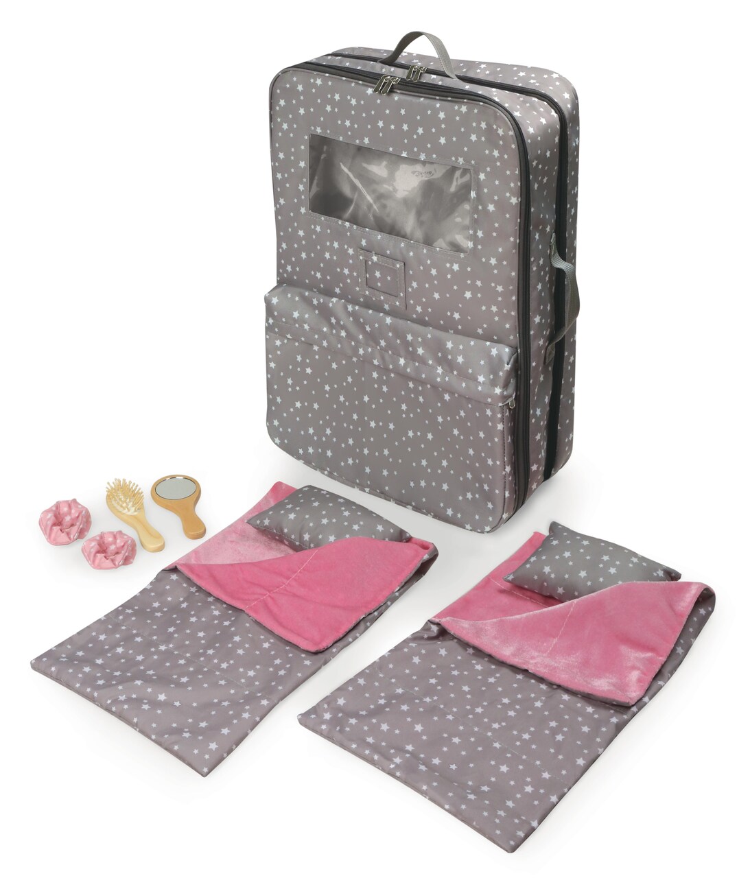 Badger Basket Pack Pretty Double Doll Carrier with 2 Sleeping Bags for 18-inch Dolls -Gray/Stars